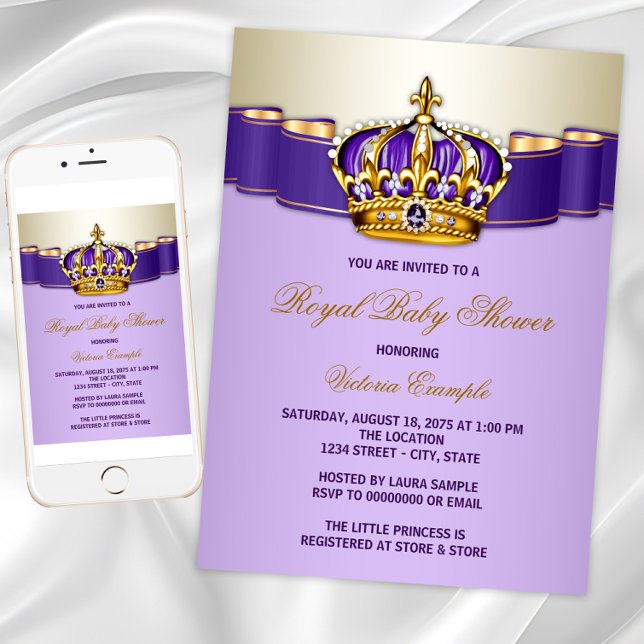 Lila Guld Princess Baby Shower Inbjudningar (Instant download and printed invitations available.)