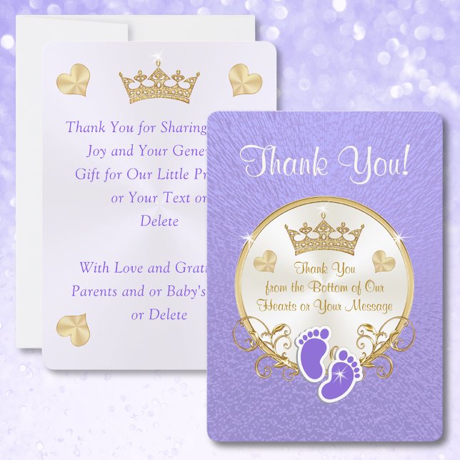 Lila Guld Princess Baby Shower Tack du Cards Inbjudningar (Skapare uppladdad)