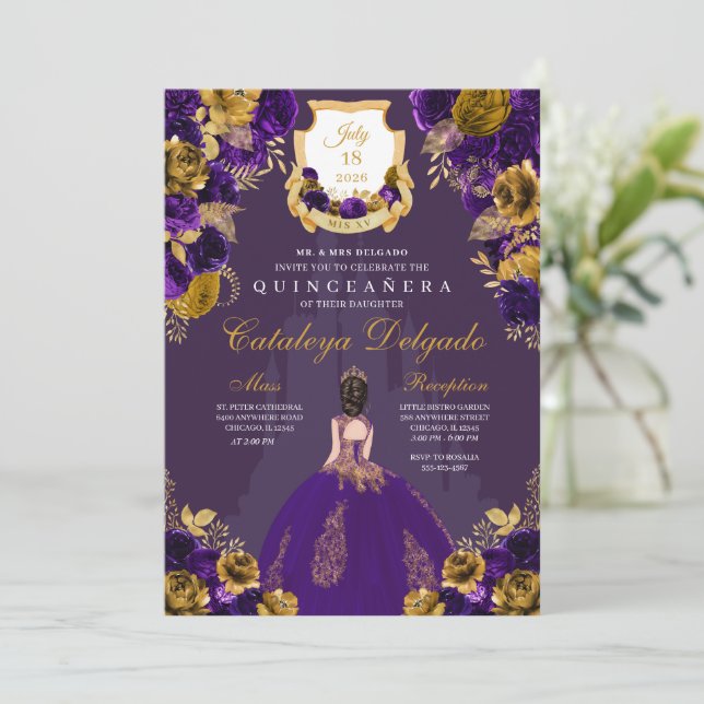 Lila & Guld Princess Castle Quinceañera Inbjudningar (Stående Fram)