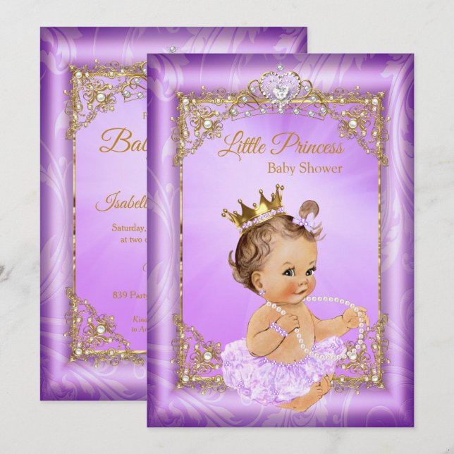 Lila Guld Prinsessa Baby Shower Flicka Inbjudningar (Fram/baksida)