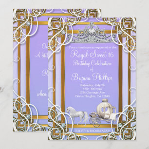 Lila & Guld Prinsessa Kronvagn Sweet 16 Inbjudningar