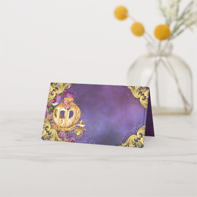 Lila Guld Prinsessa Vagn Bord Placeringskort (Framsida)