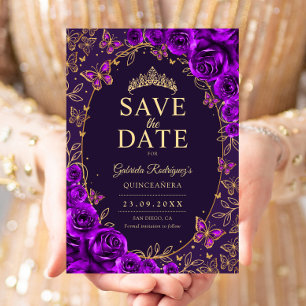Lila Guld Quinceanera Blommig Spara Datumet