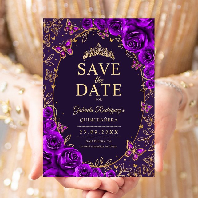 Lila Guld Quinceanera Blommig Spara Datumet (Skapare uppladdad)