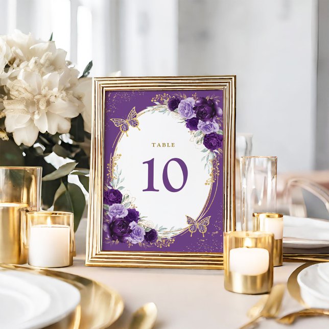 Lila Guld Quinceanera Blommigt Butterfly Birthday Bordsnummer (Skapare uppladdad)