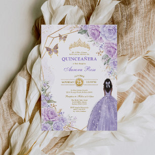 Lila Guld Quinceañera Brown Skin Butterfly Party Inbjudningar