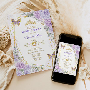 Lila Guld Quinceañera Butterfly Ro Mis Quince Inbjudningar