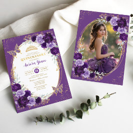 Lila Guld Quinceañera Flower Butterfly Photo Inbjudningar