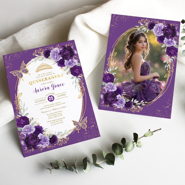 Lila Guld Quinceañera Flower Butterfly Photo Inbjudningar (Skapare uppladdad)