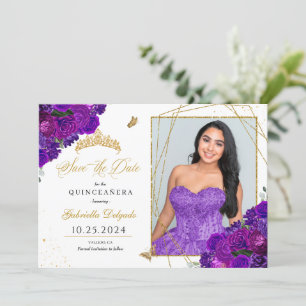Lila & Guld Quinceañera Spara datumfoto Inbjudningar