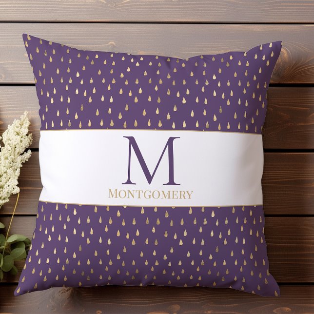 Lila Guld Regndroppe Modern Trendig Monogram Kudde (Skapare uppladdad)