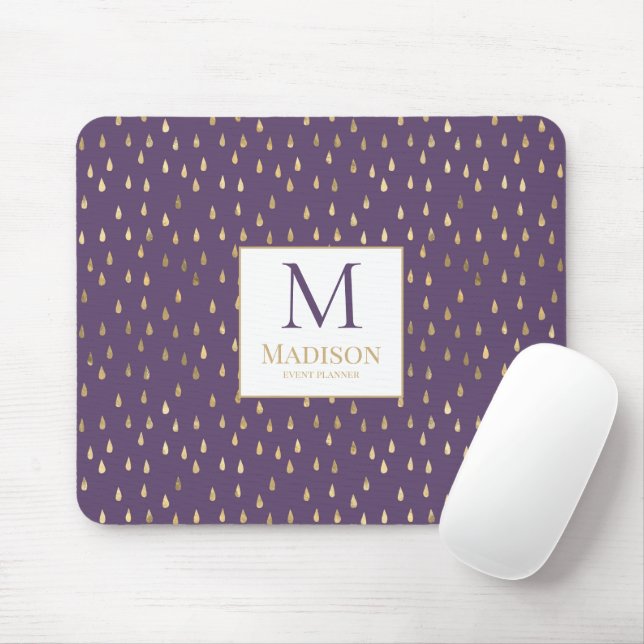 Lila Guld Regndroppe Modernt Trendigt Monogram Musmatta (Med mus)