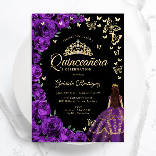 Lila Guld Ro Butterflies Quinceanera Inbjudningar