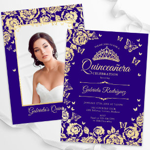 Lila Guld Ro Butterflies Quinceanera Photo Inbjudningar