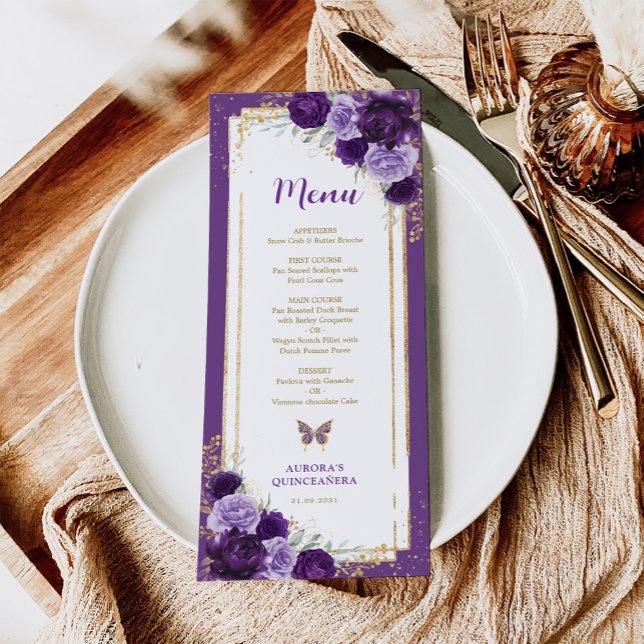 Lila Guld Ro Quinceanera Birthday Menu Card Inbjudningar (Skapare uppladdad)