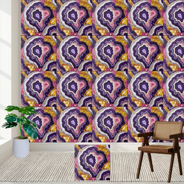 Lila Guld Rosa Quartz Crystal Amethyst Geode Kakelplatta (Purple Gold Pink Quartz Crystal Amethyst Geode Ceramic Tile)