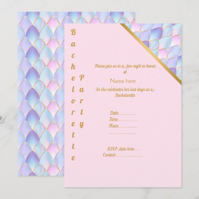 LILA GULD ROSA SJÖJUNGFRU PARTY BACHELORETTE 2 INBJUDNINGAR (Fram/baksida)