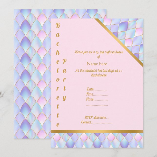 LILA GULD ROSA SJÖJUNGFRU PARTY BACHELORETTE INBJUDNINGAR (Fram/baksida)