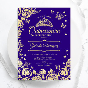 Lila Guld Rosor Fjärilar Quinceanera Inbjudningar