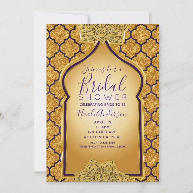 Lila Guld Royal Indiska arabiska Möhippan Inbjudningar (Framsida)