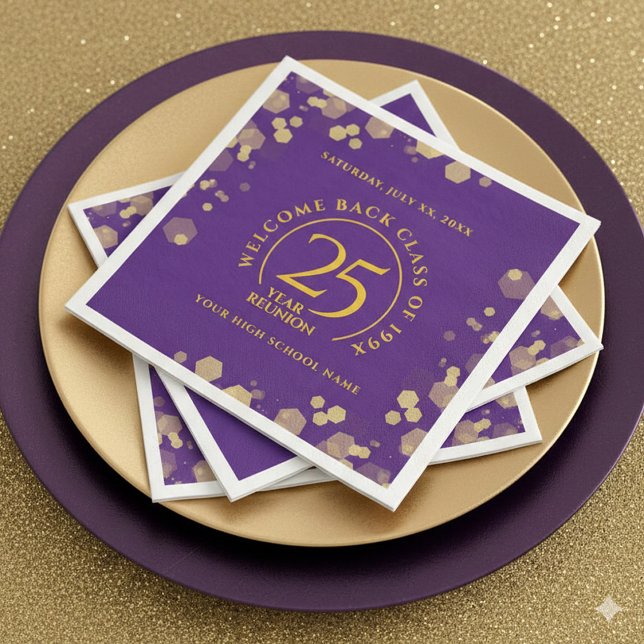Lila & Guld School College Reunion Pappersservett (Elegant 25-Year Class Reunion Purple & Gold Glitter Napkins Cover Photo)
