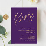 Lila guld-skript 60-årsdag inbjudningar<br><div class="desc">En modern inbjudan till snyggt för en 60:e födelsedagsfest. Lila färgad bakgrund och ord 60 skriven med elegant stort skript brev i faux guld. Anpassa och lägg till information om namn och party.</div>