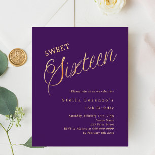 Lila guld-skript elegant Sweet 16 inbjudan