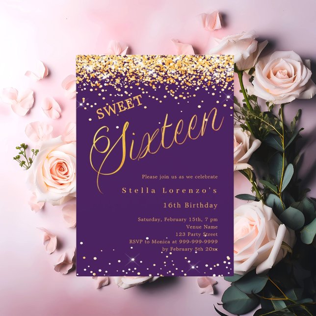 Lila guld-skript elegant Sweet 16 Inbjudningar (Skapare uppladdad)