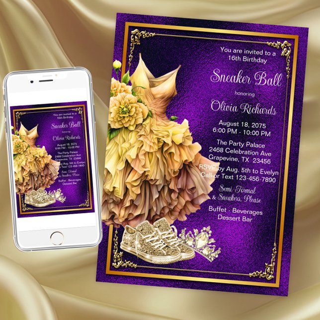 Lila Guld Sneaker Bal  Inbjudningar (Purple gold sneaker ball invitations. Instant download and printed invitations available.)