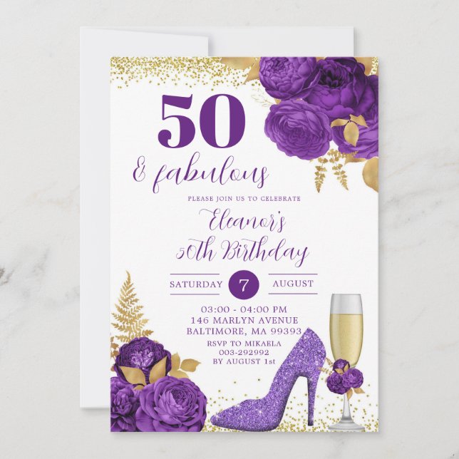 Lila Guld Stiletto Champagne Vuxen födelsedag Inbjudningar (Framsida)