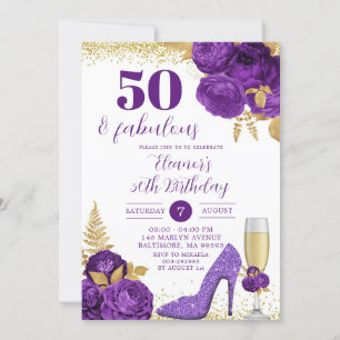 Lila Guld Stiletto Champagne Vuxen födelsedag Inbjudningar