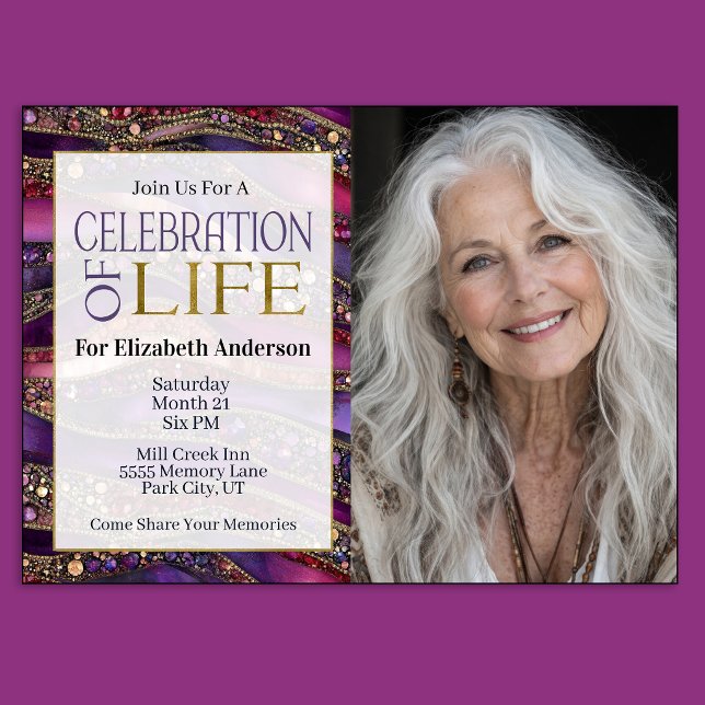 Lila Guld Strata Firande Av Livet Inbjudningar (Purple and Gold Jeweled Strata Patterned Celebration Of Life Invitation For Women)