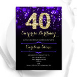 Lila Guld Surprise 40:e födelsedagen Inbjudningar<br><div class="desc">Överraskad 40-dagars festinbjudan. lila av elegant med Faux glitter guld. Innehåller snyggtens diamanter, bokeh ljus och skriptteckensnitt. Manar eller kvinnor i inbjudan. Perfekt för en födelsedagsfest för vuxen av snyggt. Anpassa med dina egna detaljer. Berätta om du behöver anpassa dig ytterligare. Skrivna Zazzle-inbjudningar eller digital utskrivbar mall för omedelbar nedladdning....</div>