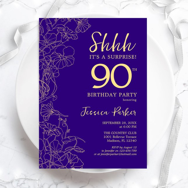 Lila Guld Surprise 90:e födelsedag Inbjudningar (Skapare uppladdad)