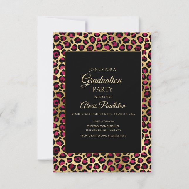 Lila Guld Svart Leopard Gepard Examenfest Inbjudningar (Framsida)