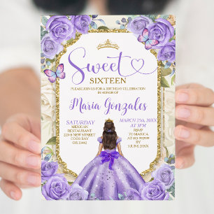 Lila Guld Sweet 16:e födelsedag Princess Party Inbjudningar