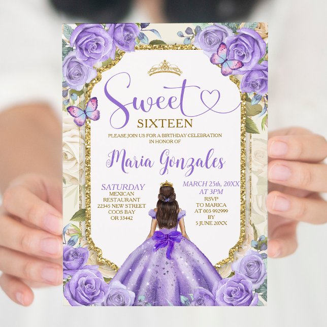 Lila Guld Sweet 16:e födelsedag Princess Party Inbjudningar (Skapare uppladdad)
