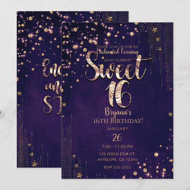 Lila & Guld Sweet 16 Whimsical Stars Party Inbjudningar (Fram/baksida)