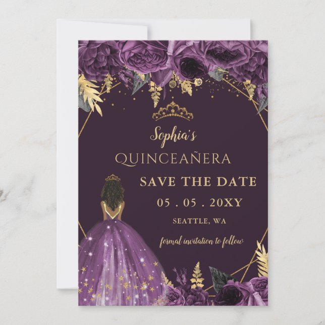 Lila Guld Tan Princess Blommigt Quinceañera Spara Datumet (Framsida)