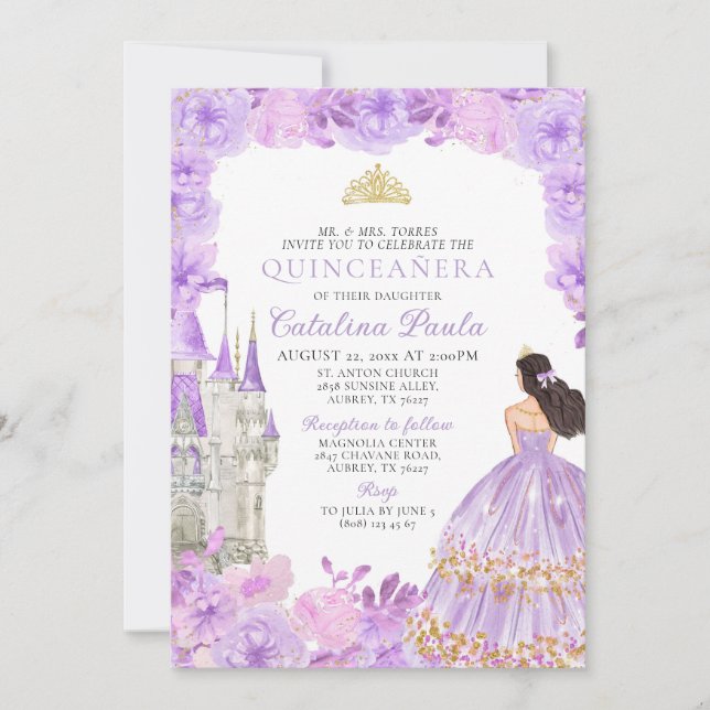 Lila Guld Tiara Princess Quinceañera-inbjudan Inbjudningar (Framsida)
