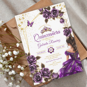 Lila Guld Tiara Rosor Fjäril Quinceañera Inbjudningar