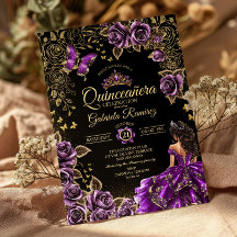 Lila Guld Tiara Rosor Fjäril Quinceañera