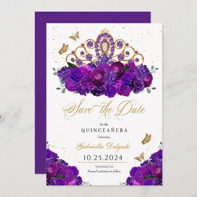 Lila & Guld Tiara Spara datumet Quinceañera Inbjudningar (Fram/baksida)