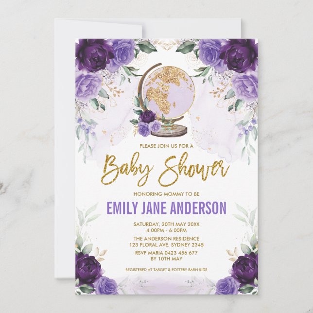 Lila Guld Travel Baby Shower Blommigt Äventyr Inbjudningar (Framsida)
