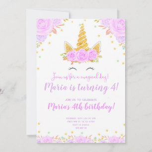 Lila Guld Unicorn ansikte Blommigt Barns födelseda Inbjudningar