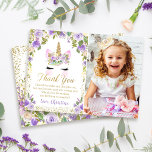 Lila Guld Unicorn Birthday Photo Tackto You Card Tack Kort<br><div class="desc">Lila Guld Unicorn Birthday Photo Tackto You Card</div>