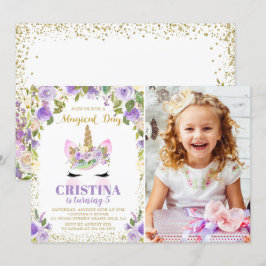 Lila Guld Unicorn Blommigt Photo Birthday Inbjudningar