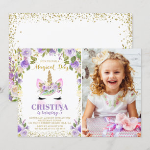 Lila Guld Unicorn Blommigt Photo Birthday Inbjudningar