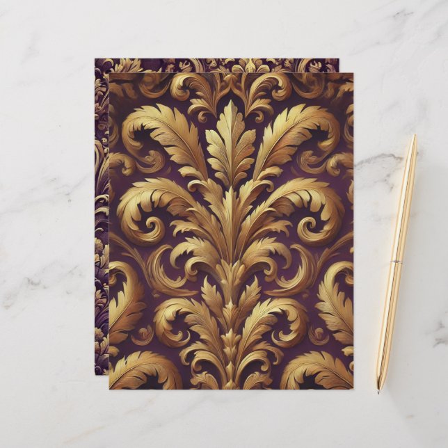 Lila & Guld Victorian Acanthus Scrapbook Papper (Fram/Back In Situ)