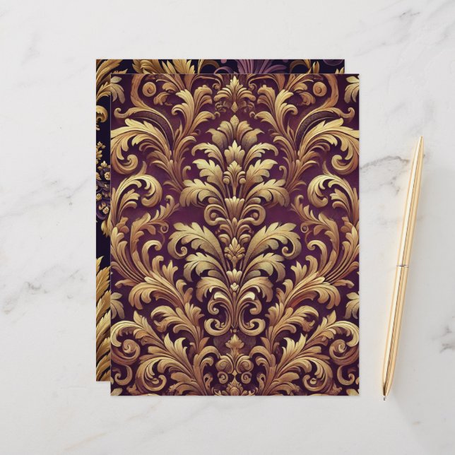 Lila & Guld Victorian Damask Scrapbook Papper (Fram/Back In Situ)